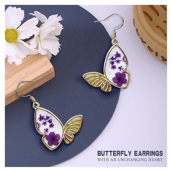 Women's Resin Dry Flowers Pressed Drop Dangle Butterfly Purple Gold Earrings - Picture 5 of 5